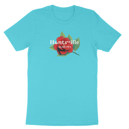 Image of red camellia flower with text "Huntsville Alabama" on teal t-shirt