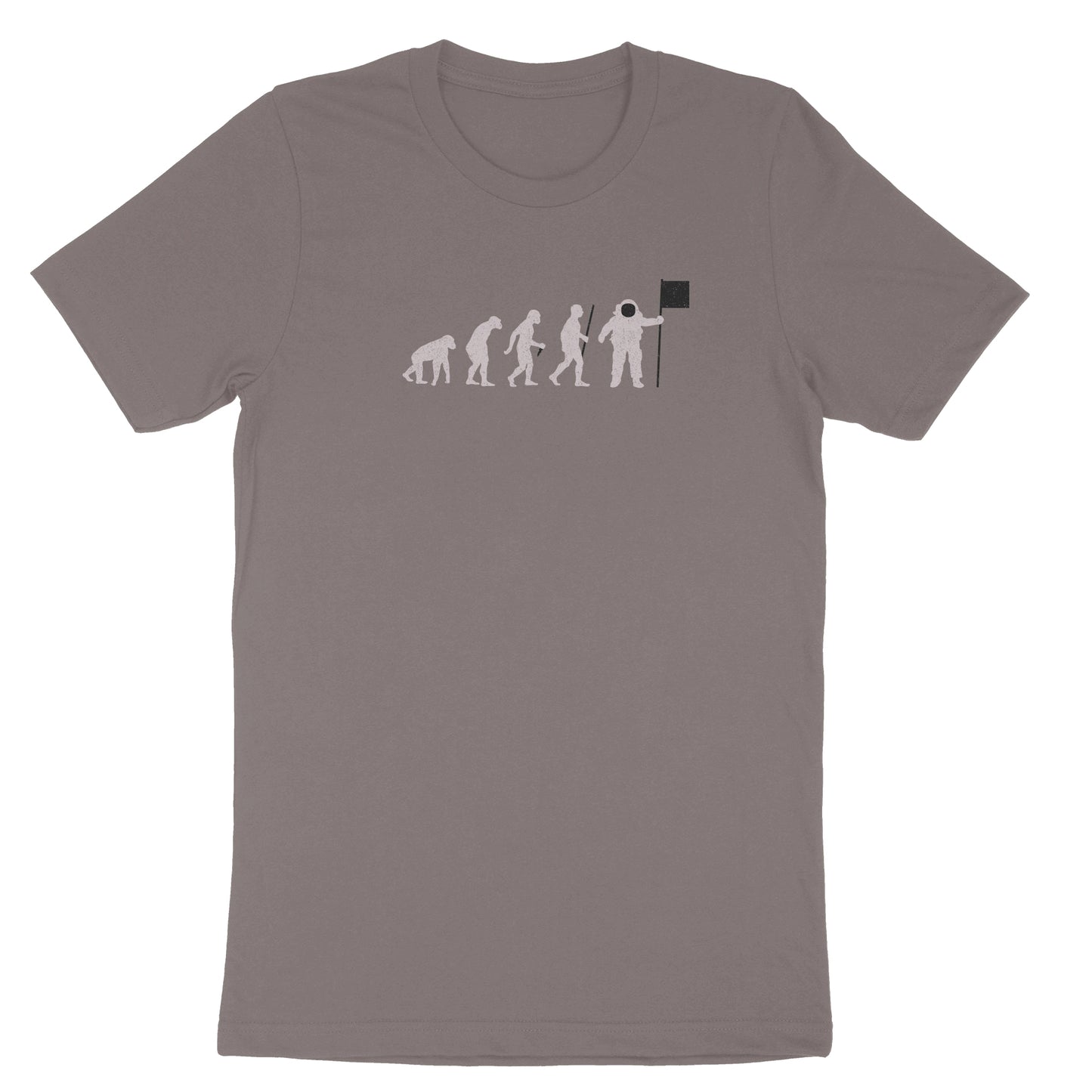 Image of evolution progression from ape to spaceman on grey t-shirt