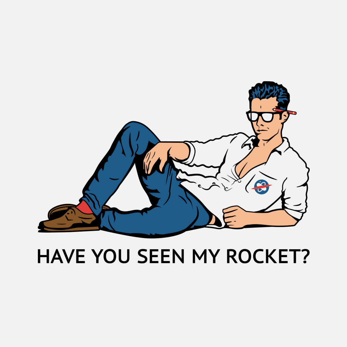 Thumbnail of scientist lounging with text "Have you seen my rocket?" on white background