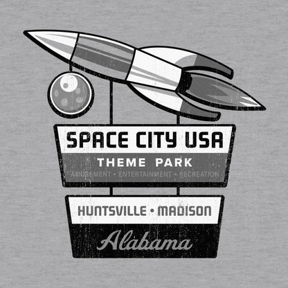 Thumbnail of fun retro Space City USA theme park design on light heather grey background