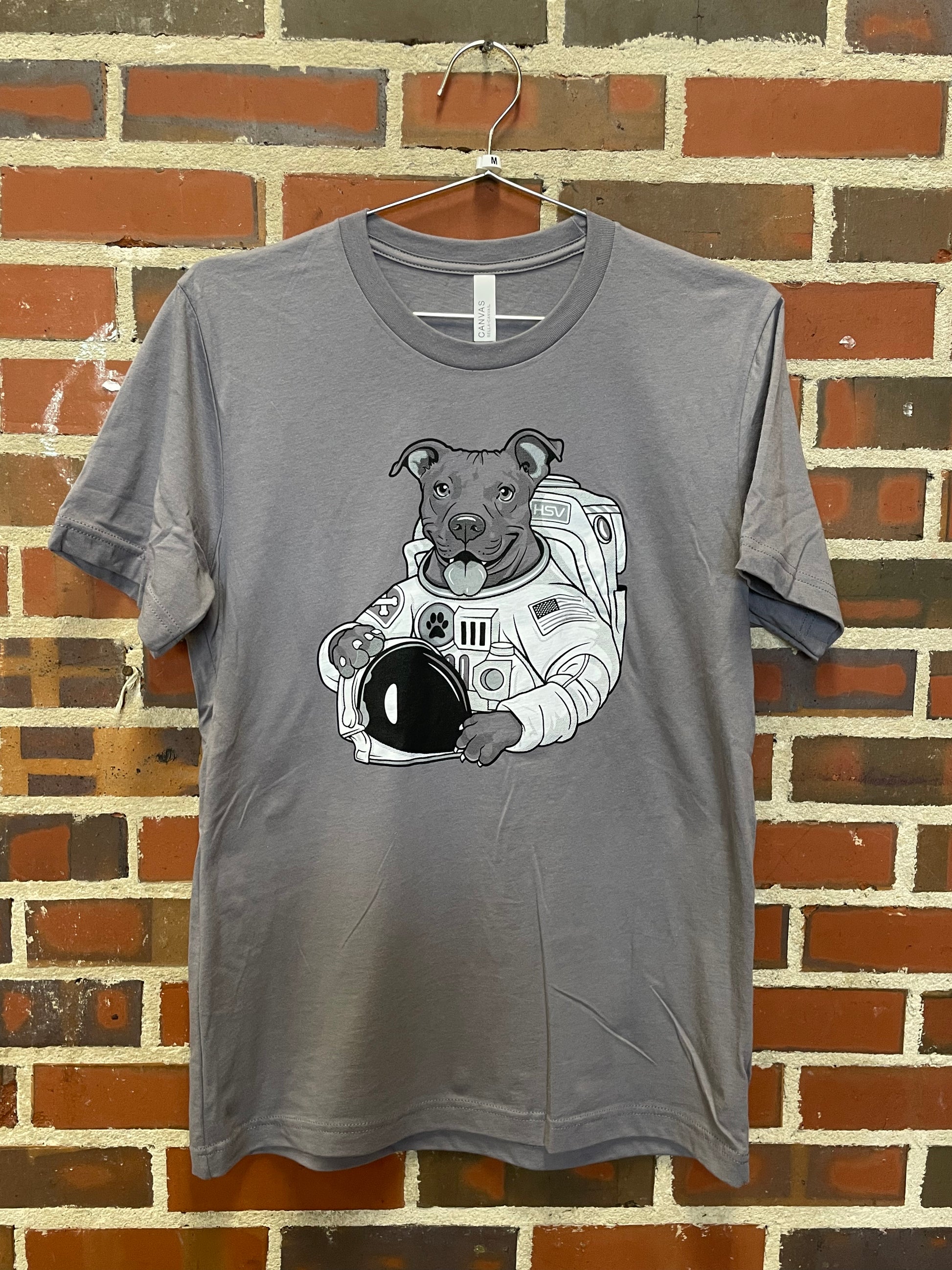 Image of pit bull mix dog dressed as astronaut design on gray t-shirt hanging against brick wall in Lowe Mill