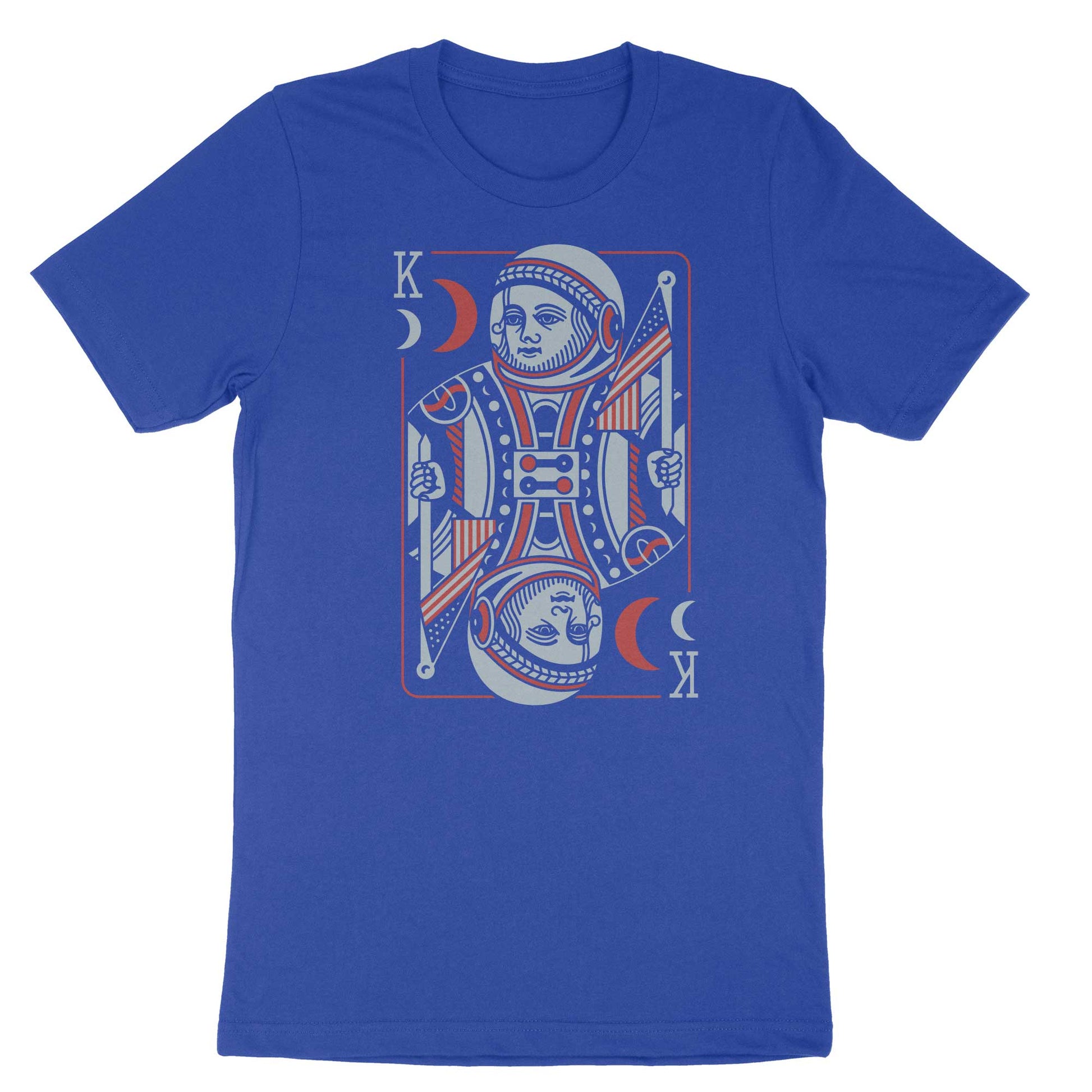 Image of "King of Moons" playing card on blue t-shirt