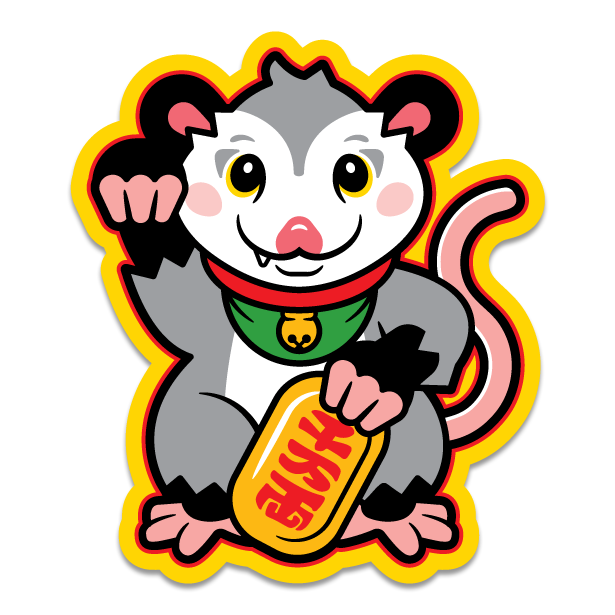 Thumbnail of a possum in the "lucky cat" pose as a sticker