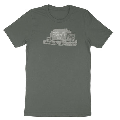 Image of Monte Sano State Park stone sign on green t-shirt