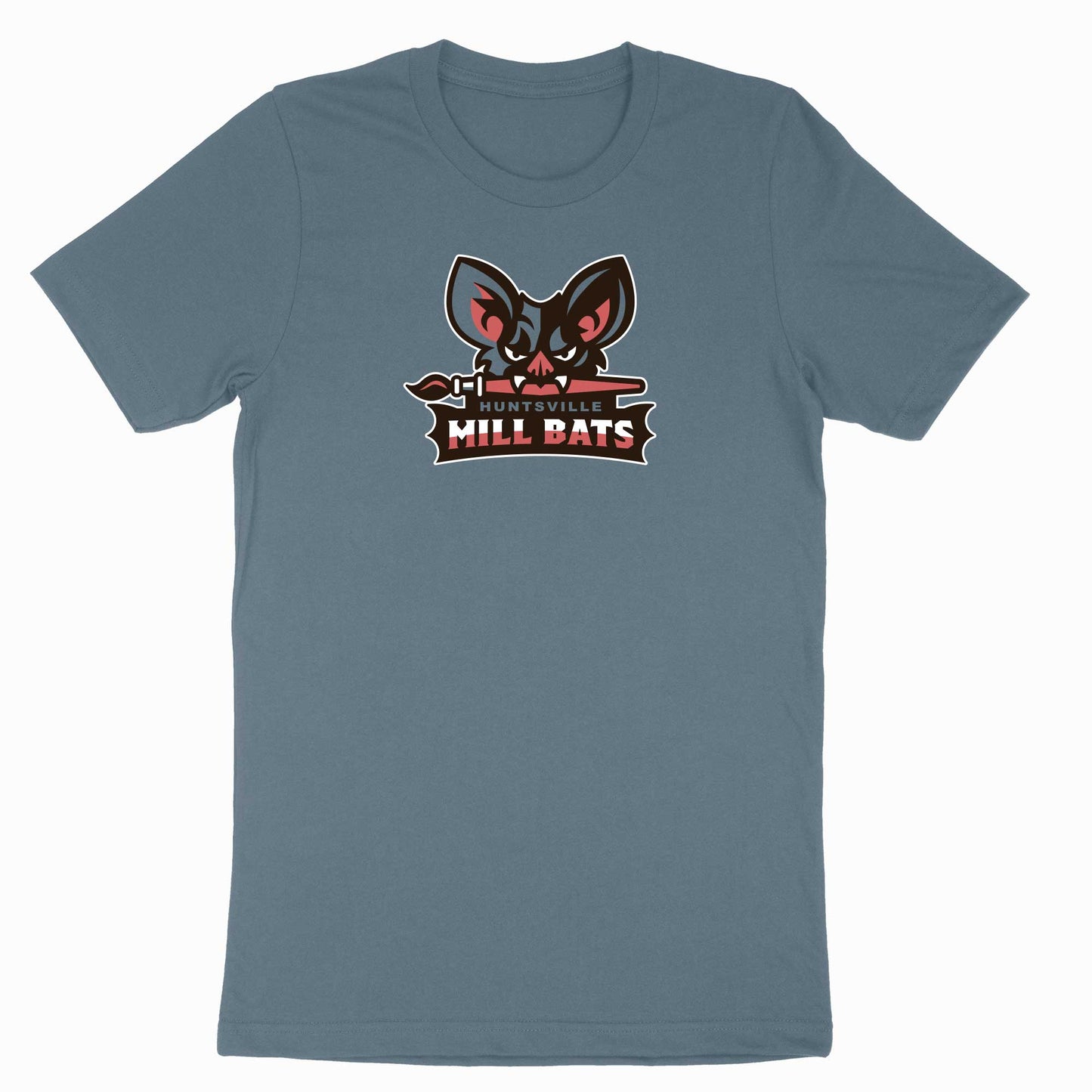 Image of Huntsville Mill Bats fantasy baseball logo on heather blue t-shirt