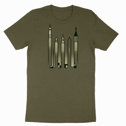 Green T-Shirt with rockets drawn as an optical illusion