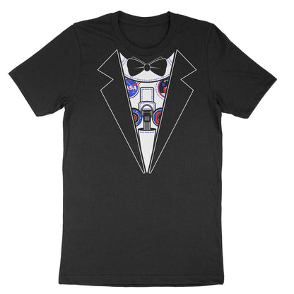 Faux Tuxedo Space suit design on a black t-shirt