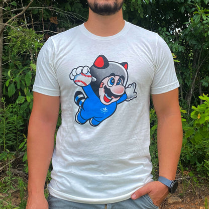 Image of a person wearing a t-shirt with Super Hero dressed in a trash panda suit design on it