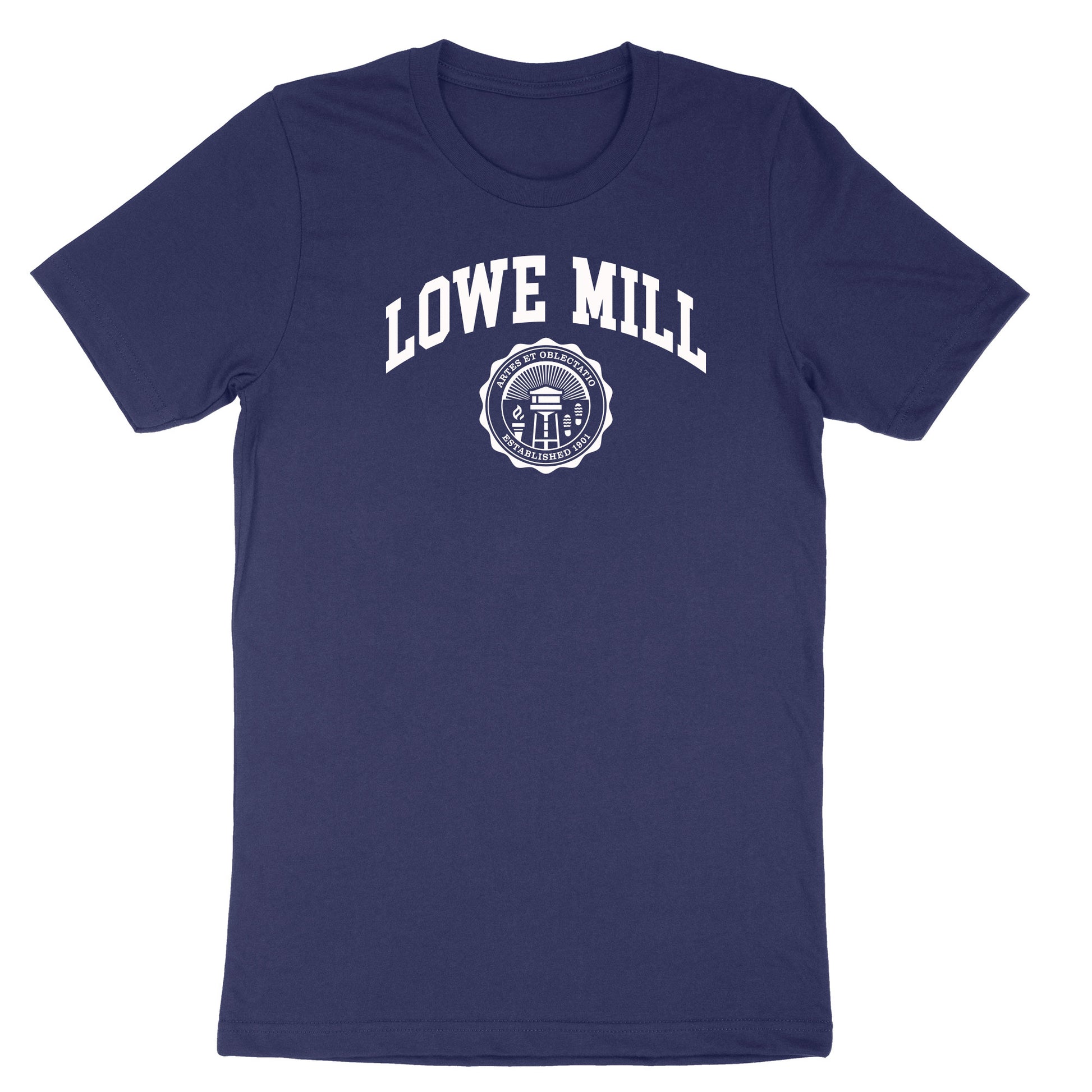 Image of navy t-shirt with white collegiate Lowe Mill design, including crest which reads "ARTES ET OBLECTATIO; ESTABLISHED 1901"