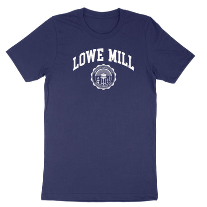 Image of navy t-shirt with white collegiate Lowe Mill design, including crest which reads "ARTES ET OBLECTATIO; ESTABLISHED 1901"