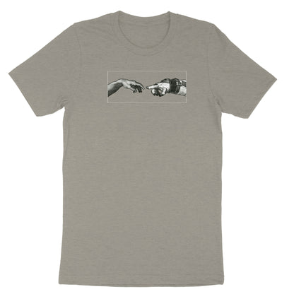 Image of a hand reaching to touch an astronaut glove, a play on Michelangelo's Creation of Adam on grey t-shirt 