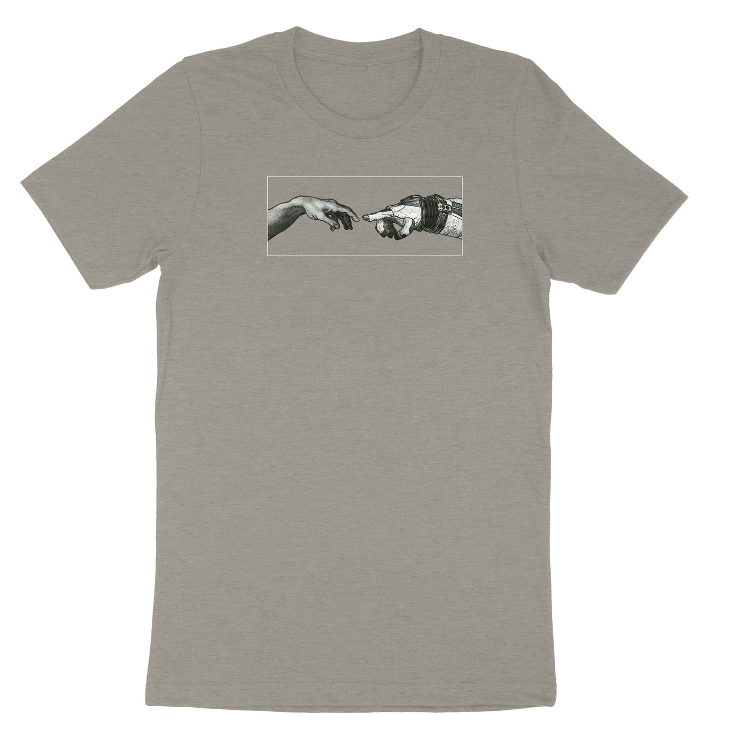 Image of a hand reaching to touch an astronaut glove, a play on Michelangelo's Creation of Adam on grey t-shirt 