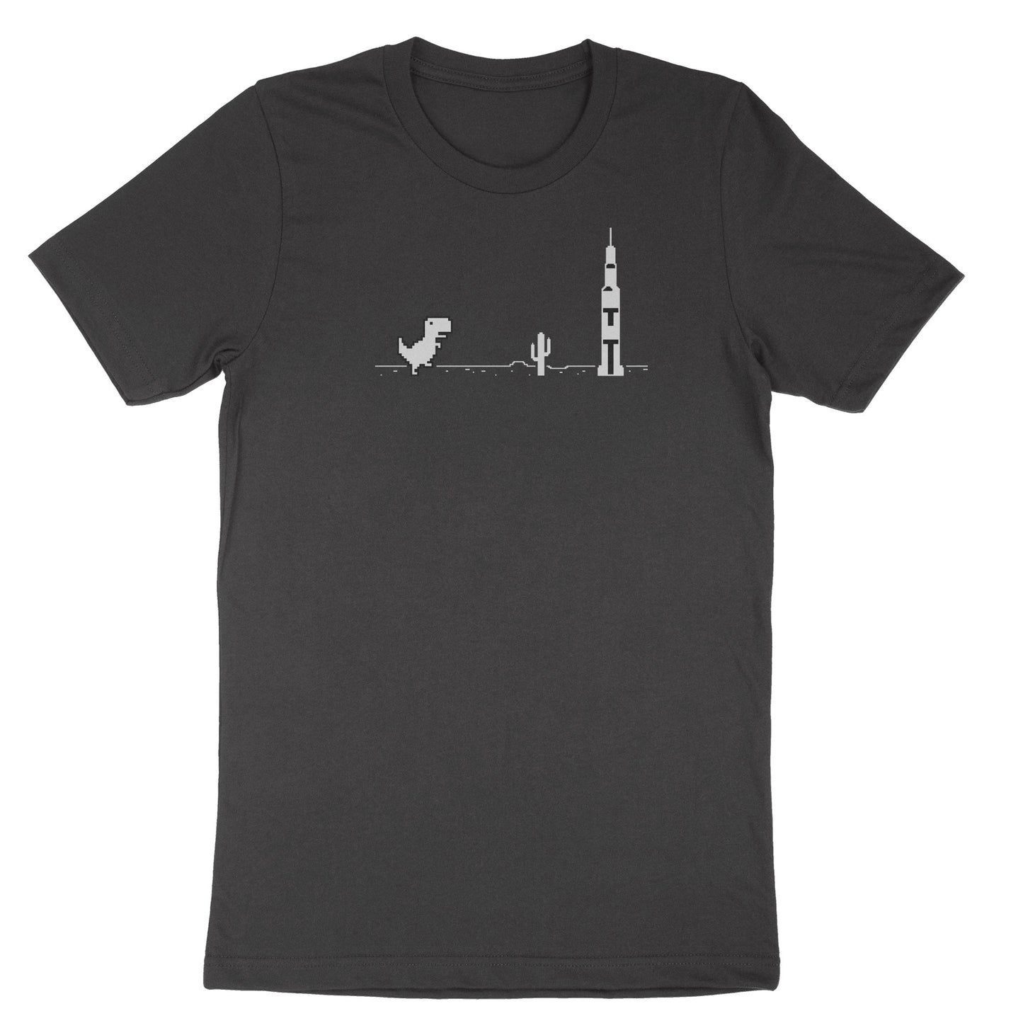 Internet dinosaur from a classic no internet game with the Saturn V rocket design on a T-Shirt