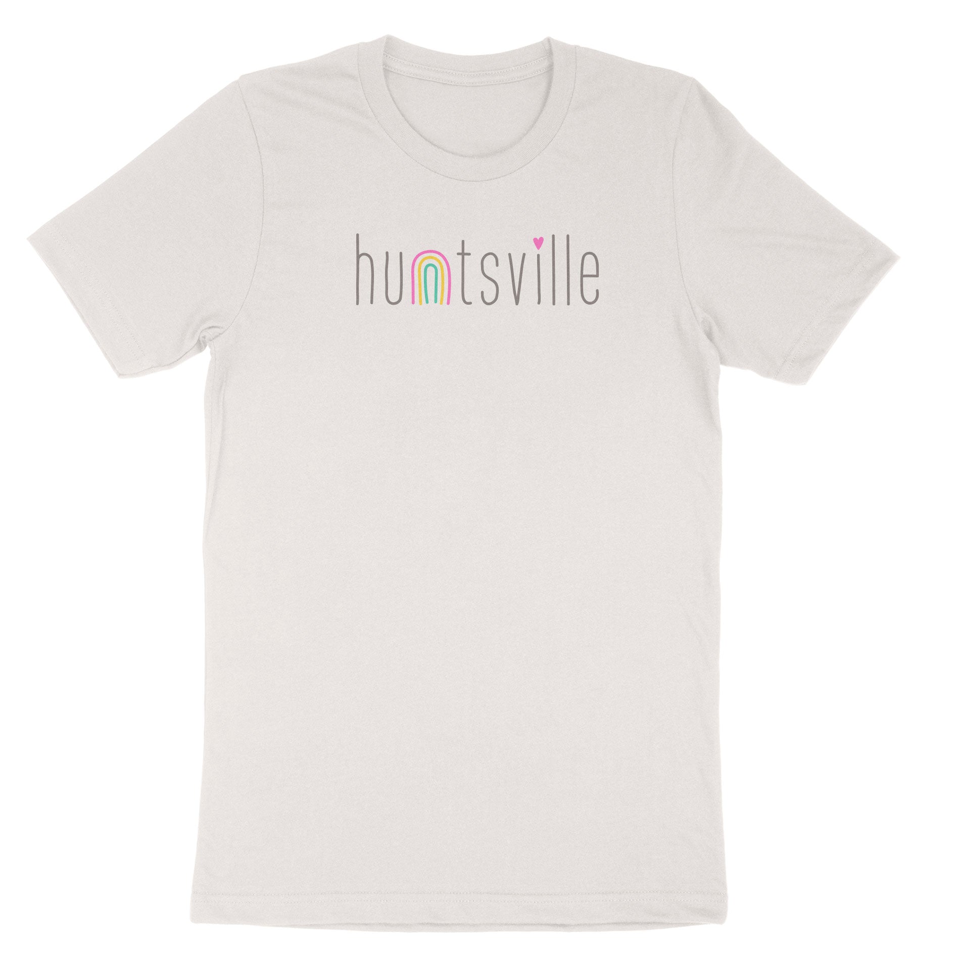 the text "huntsville" with a rainbow as the n design on a white t-shirt