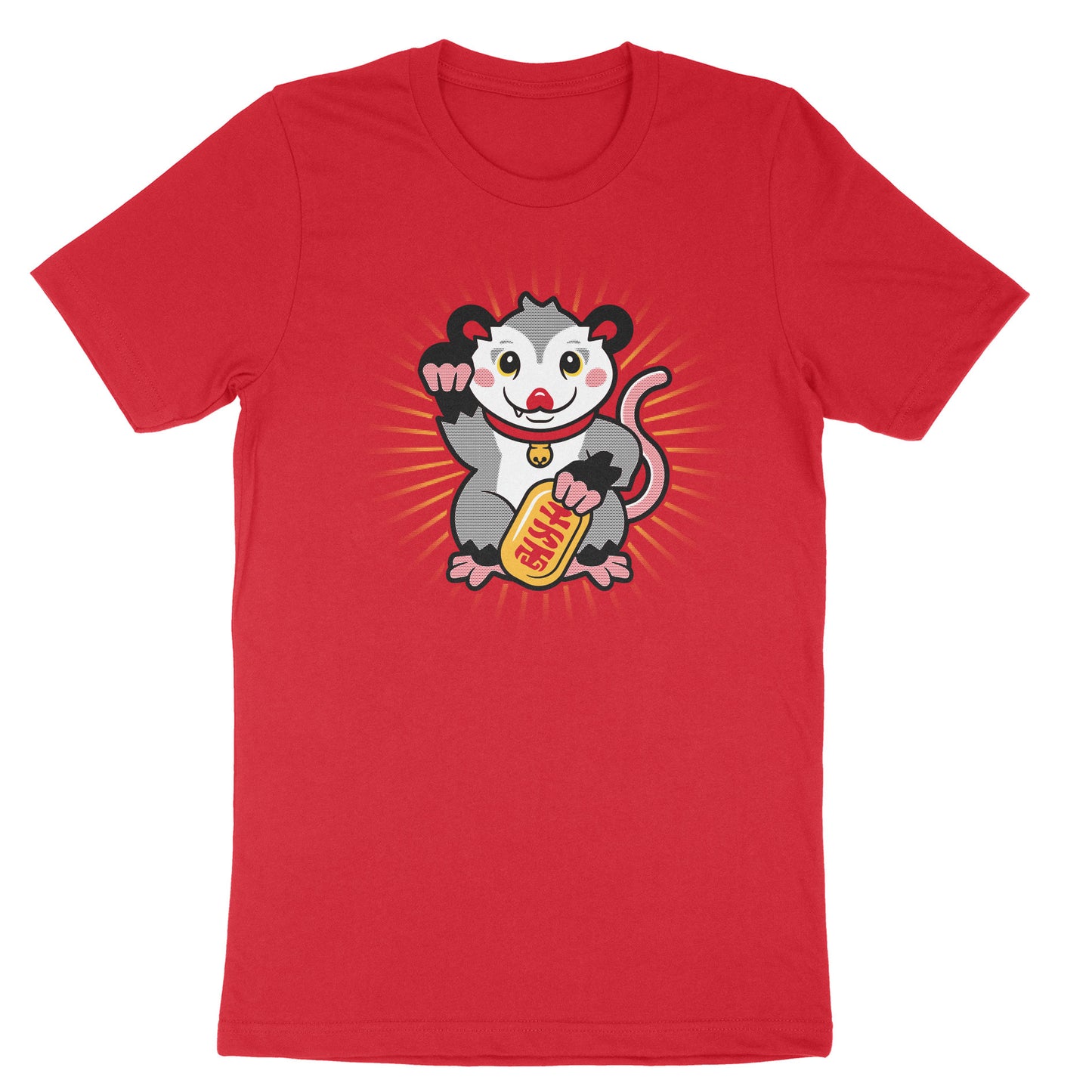 Thumbnail of a possum in the "lucky cat" pose on a red shirt