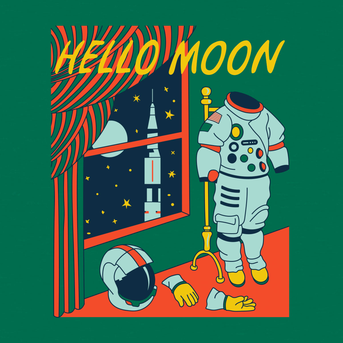 The text "Hello Moon" with an astronaut suit and rocket. In the "goodnight moon" book style on a green background