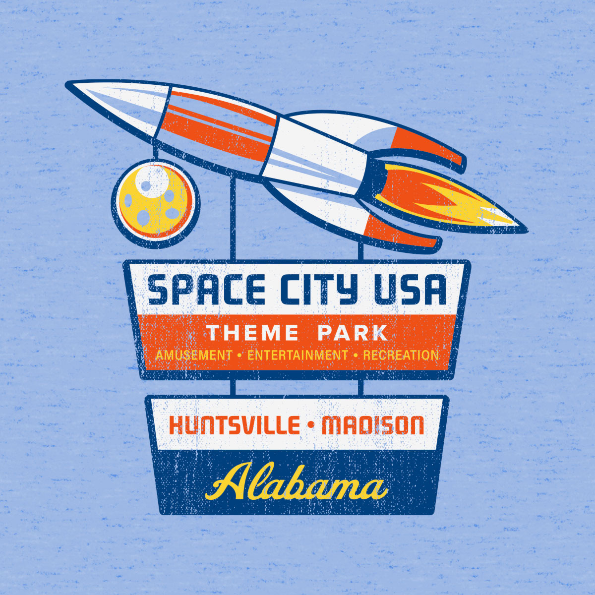 Thumbnail of fun retro Space City USA theme park design on light heather blue background
