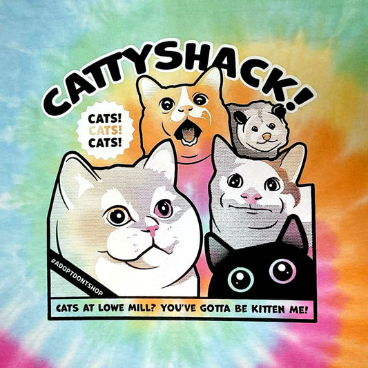 A tie dye background with famous internet cats advertising "cattyshack"