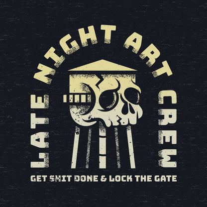 Thumbnail of text "late night art crew" with a skull shaped watertower on a dark blue background