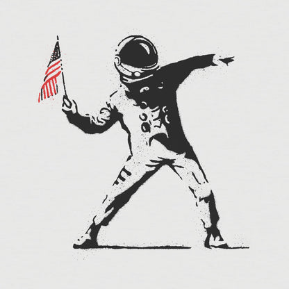 Thumbnail of astronaut preparing to throw American flag a nod to the artist Bansky