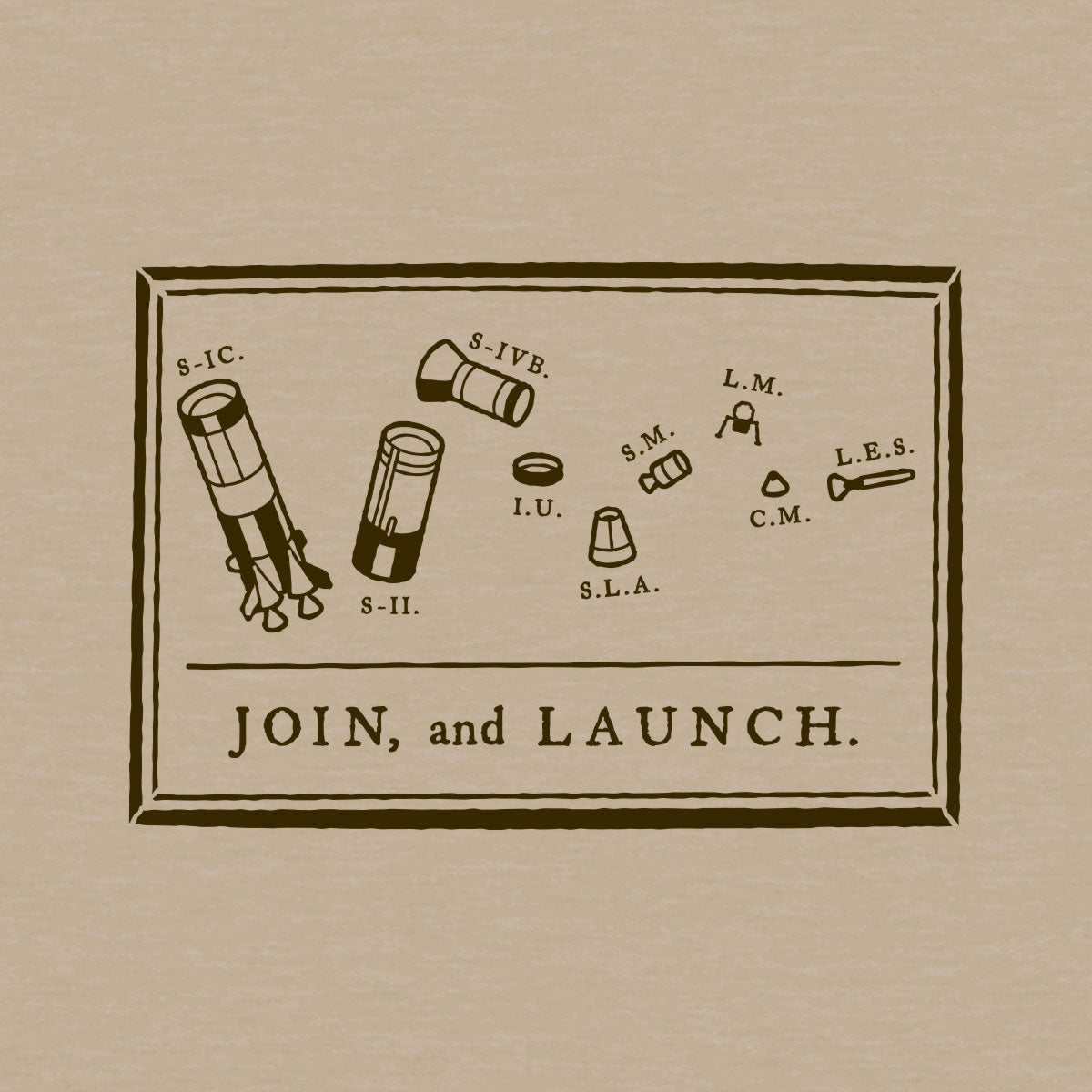 Thumbnail of Saturn V rocket in pieces with the text "Join, and Launch" in the style of "join or die" political campaign