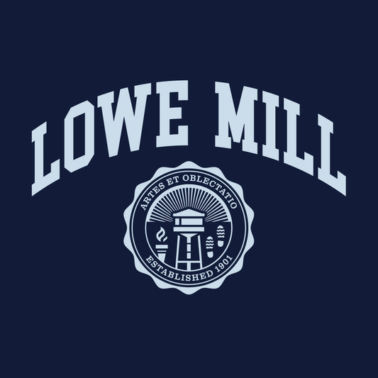 Thumbnail of white collegiate Lowe Mill design on navy, including crest which reads "ARTES ET OBLECTATIO; ESTABLISHED 1901"