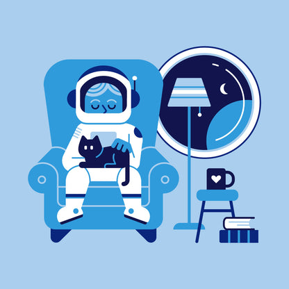 Thumbnail of astronaut cozy at home with kitty on blue background