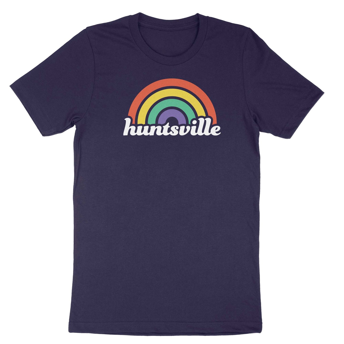 Dark blue T-Shirt of the text "huntsville" with a rainbow over it