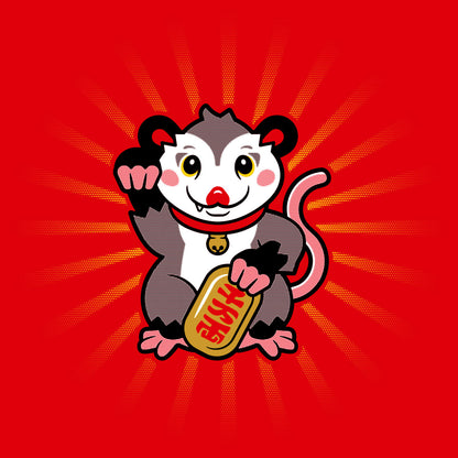 Thumbnail of a possum in the "lucky cat" pose on a red background