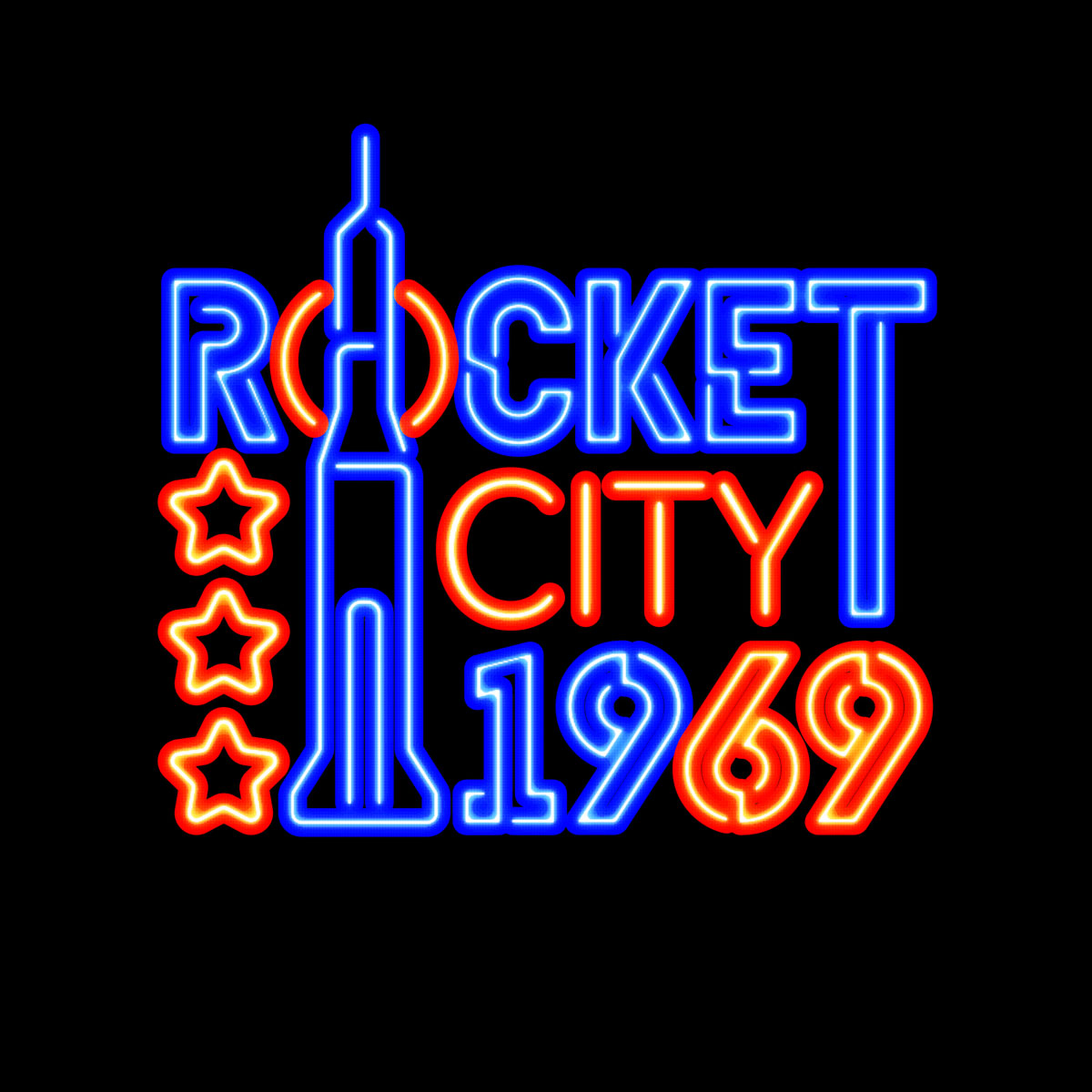 Thumbnail of neon lights design with text "Rocket City 1969" on black background