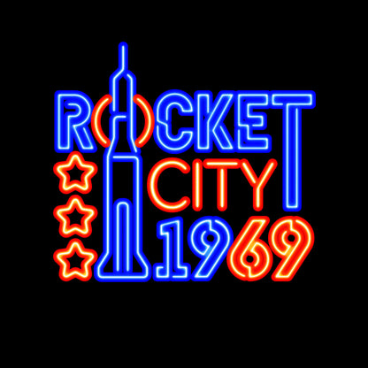 Thumbnail of neon lights design with text "Rocket City 1969" on black background