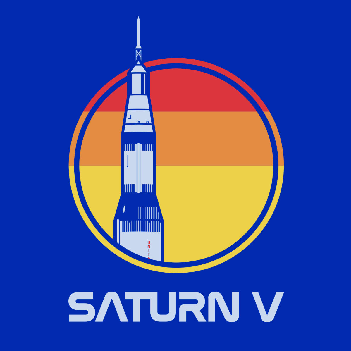 "saturn V" text with the Saturn V rocket in a sunset on a blue background