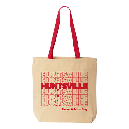 Image of red text "Huntsville Have a Nice Day" on natural tote