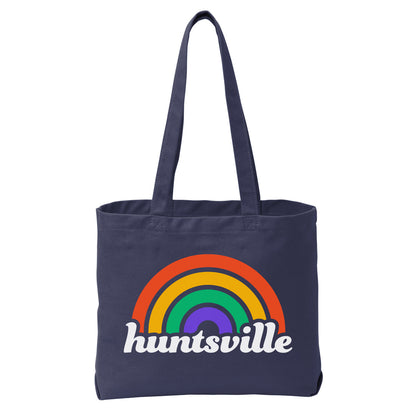 Tote Bag of the text "huntsville" with a rainbow over it