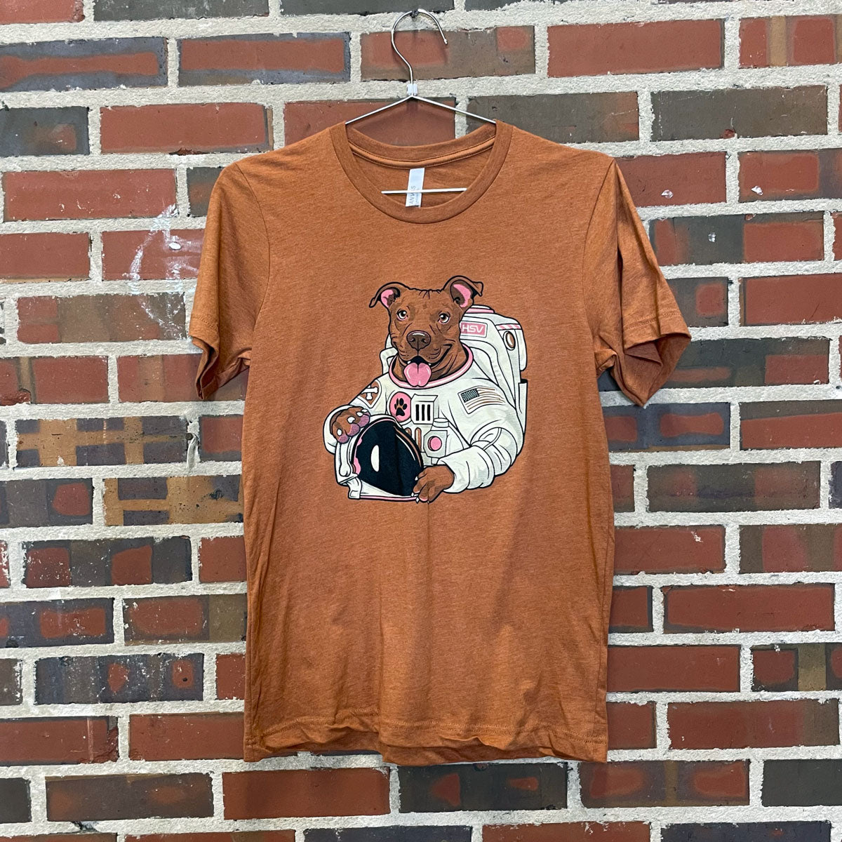 Pit bull mix dog dressed as astronaut design on warm heather brown t-shirt hanging against brick wall at Lowe Mill