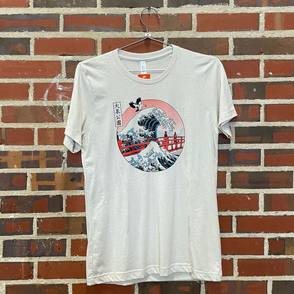 "The Great Wave" over Japanese Friendship Bridge at Big Spring Park t-shirt hanging against brick wall at Lowe Mill